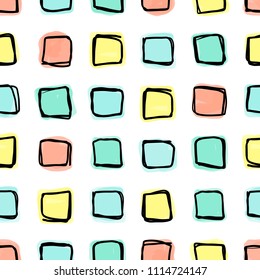 Modern verctor seamless pattern, doodle square shapes in four diferent colors lined in a loose grid. Doodle collection.