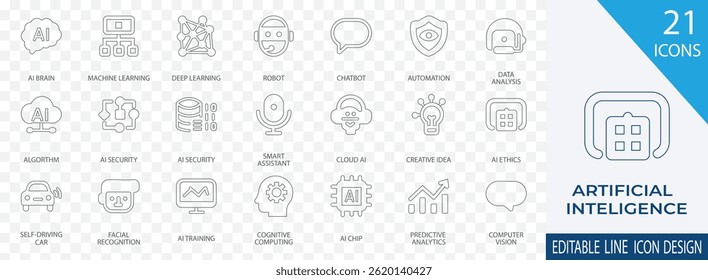 A modern and versatile editable line  icon set focusing on artificial intelligence technologies. Includes icons for machine learning,  AI robots, automation, deep learning and smart systems. 