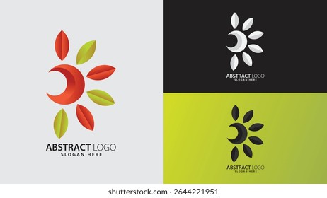 A Modern versatile and elegant Crescent and leaf abstract logo design with a clean minimalist aesthetic featuring a crescent moon encircled by vibrant leaves .Great for eco-friendly, wellness, organic