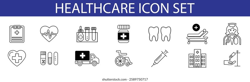 A modern and versatile healthcare icon set, perfect for use in various digital projects, offering clean and simple designs for medical and wellness themes.