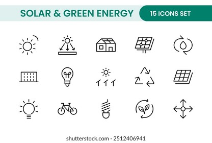 A Modern and Versatile Icon Set for Solar Energy, Renewable Resources, Eco-Friendly Solutions, and Green Technology Initiatives
