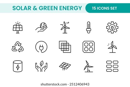 Um conjunto de ícones moderno e versátil para energia solar, recursos renováveis, soluções ecologicamente corretas e iniciativas tecnológicas ecológicas