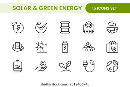 A Modern and Versatile Icon Set for Solar Energy, Renewable Resources, Eco-Friendly Solutions, and Green Technology Initiatives