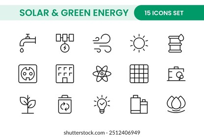 A Modern and Versatile Icon Set for Solar Energy, Renewable Resources, Eco-Friendly Solutions, and Green Technology Initiatives