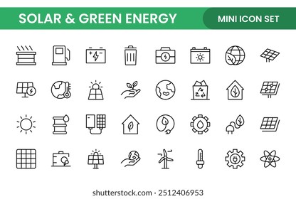 A Modern and Versatile Icon Set for Solar Energy, Renewable Resources, Eco-Friendly Solutions, and Green Technology Initiatives