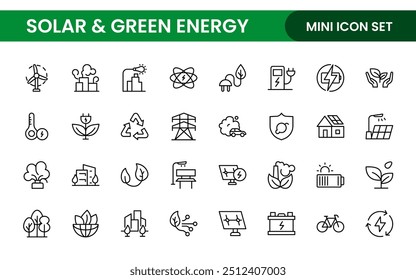 A Modern and Versatile Icon Set for Solar Energy, Renewable Resources, Eco-Friendly Solutions, and Green Technology Initiatives