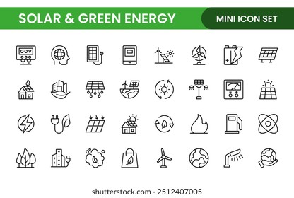 Un conjunto de iconos moderno y versátil para la energía solar, los recursos renovables, las soluciones respetuosas con el medio ambiente y las iniciativas de Tecnología verde