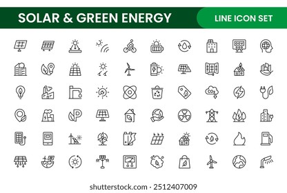 Um conjunto de ícones moderno e versátil para energia solar, recursos renováveis, soluções ecologicamente corretas e iniciativas tecnológicas ecológicas