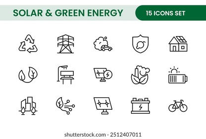 A Modern and Versatile Icon Set for Solar Energy, Renewable Resources, Eco-Friendly Solutions, and Green Technology Initiatives
