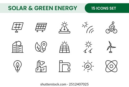 A Modern and Versatile Icon Set for Solar Energy, Renewable Resources, Eco-Friendly Solutions, and Green Technology Initiatives