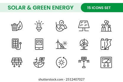 A Modern and Versatile Icon Set for Solar Energy, Renewable Resources, Eco-Friendly Solutions, and Green Technology Initiatives