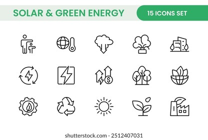 A Modern and Versatile Icon Set for Solar Energy, Renewable Resources, Eco-Friendly Solutions, and Green Technology Initiatives
