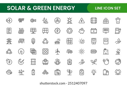 A Modern and Versatile Icon Set for Solar Energy, Renewable Resources, Eco-Friendly Solutions, and Green Technology Initiatives