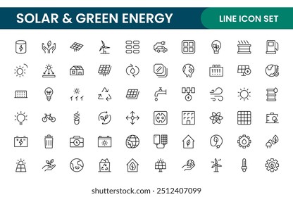 A Modern and Versatile Icon Set for Solar Energy, Renewable Resources, Eco-Friendly Solutions, and Green Technology Initiatives