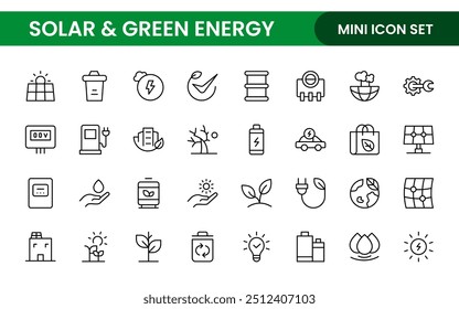 A Modern and Versatile Icon Set for Solar Energy, Renewable Resources, Eco-Friendly Solutions, and Green Technology Initiatives