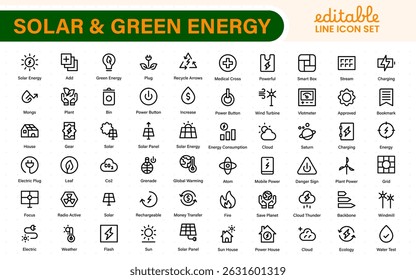 A Modern and Versatile Icon Set for Solar Energy, Renewable Resources, Eco-Friendly Solutions, and Green Technology Initiatives