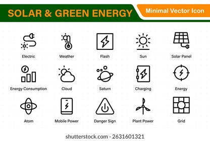 A Modern and Versatile Icon Set for Solar Energy, Renewable Resources, Eco-Friendly Solutions, and Green Technology Initiatives