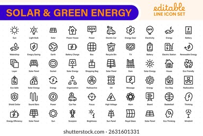 A Modern and Versatile Icon Set for Solar Energy, Renewable Resources, Eco-Friendly Solutions, and Green Technology Initiatives