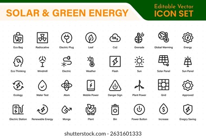 A Modern and Versatile Icon Set for Solar Energy, Renewable Resources, Eco-Friendly Solutions, and Green Technology Initiatives