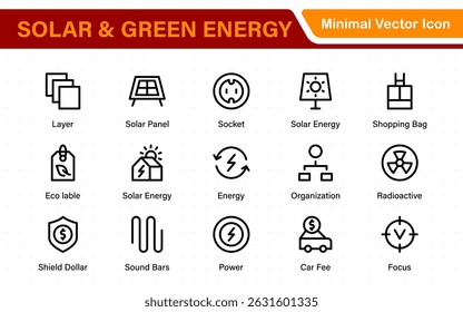 A Modern and Versatile Icon Set for Solar Energy, Renewable Resources, Eco-Friendly Solutions, and Green Technology Initiatives