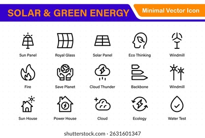 A Modern and Versatile Icon Set for Solar Energy, Renewable Resources, Eco-Friendly Solutions, and Green Technology Initiatives