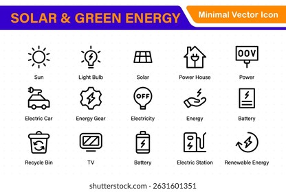 A Modern and Versatile Icon Set for Solar Energy, Renewable Resources, Eco-Friendly Solutions, and Green Technology Initiatives