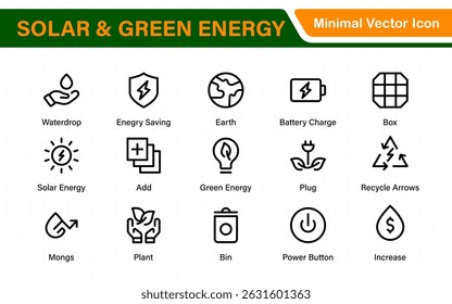 A Modern and Versatile Icon Set for Solar Energy, Renewable Resources, Eco-Friendly Solutions, and Green Technology Initiatives