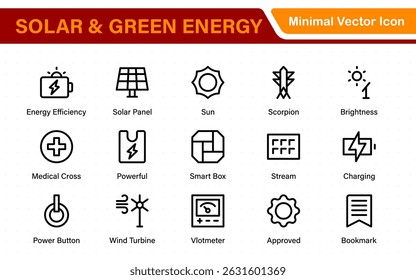 A Modern and Versatile Icon Set for Solar Energy, Renewable Resources, Eco-Friendly Solutions, and Green Technology Initiatives