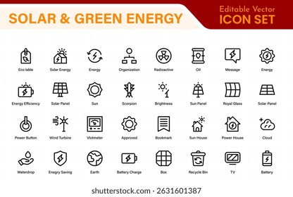 A Modern and Versatile Icon Set for Solar Energy, Renewable Resources, Eco-Friendly Solutions, and Green Technology Initiatives