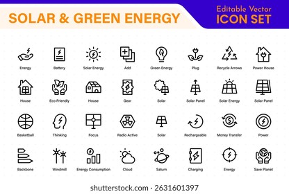 A Modern and Versatile Icon Set for Solar Energy, Renewable Resources, Eco-Friendly Solutions, and Green Technology Initiatives