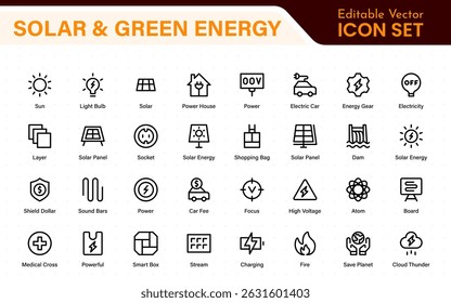 A Modern and Versatile Icon Set for Solar Energy, Renewable Resources, Eco-Friendly Solutions, and Green Technology Initiatives