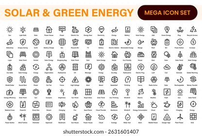 A Modern and Versatile Icon Set for Solar Energy, Renewable Resources, Eco-Friendly Solutions, and Green Technology Initiatives