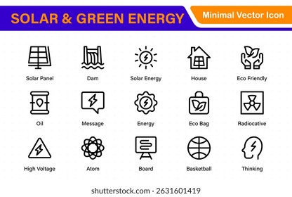 A Modern and Versatile Icon Set for Solar Energy, Renewable Resources, Eco-Friendly Solutions, and Green Technology Initiatives