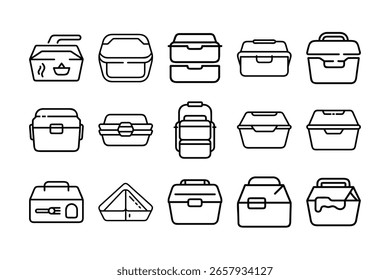 A modern and versatile set of lunch box icons displayed on a white background. Ideal for food delivery apps, school meal designs, healthy eating visuals, restaurant graphics, and kitchen-related digit