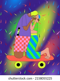 Modern version of The Kiss by Gustav Klimt. Two people kisses on skateboard. Bright fluorescent colors. Flat design.