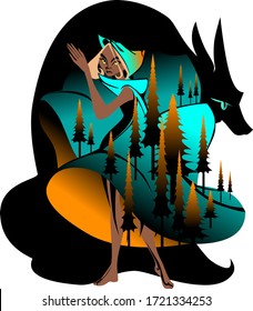 Modern version of Red Hat fairy tail. Red Hat girl with wolf in the dark forest. Vector art of a girl in dress and wolf in pine forest in black, orange and cyan colors.