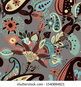 A modern version of the traditional paisley pattern. Seamless floral background for textiles, wallpaper, covers. Hand drawing style.