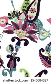 A modern version of the traditional paisley pattern. Seamless floral background for textiles, wallpaper, covers. Hand drawing style.