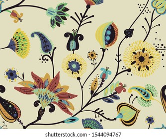 A modern version of the traditional paisley pattern. Seamless floral background for textiles, wallpaper, covers. Hand drawing style.