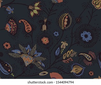 A modern version of the traditional paisley pattern. Seamless floral background for textiles, wallpaper, covers. Hand drawing style.