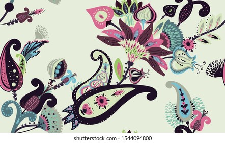 A modern version of the traditional paisley pattern. Seamless floral background for textiles, wallpaper, covers. Hand drawing style.