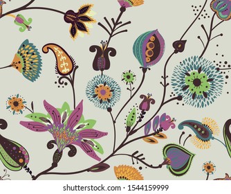 A modern version of the traditional paisley pattern. Seamless floral background for textiles, wallpaper, covers. Hand drawing style.