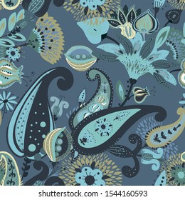 A modern version of the traditional paisley pattern. Seamless floral background for textiles, wallpaper, covers. Hand drawing style.