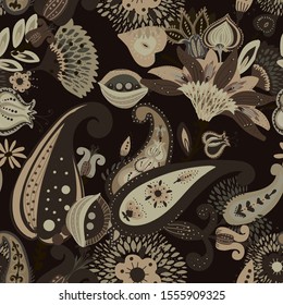 A modern version of the traditional paisley pattern. Seamless floral background for textiles, wallpaper, covers. Hand drawing style.