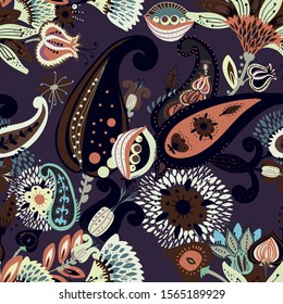A modern version of the traditional paisley pattern. Seamless floral background for textiles, wallpaper, covers. Hand drawing style.