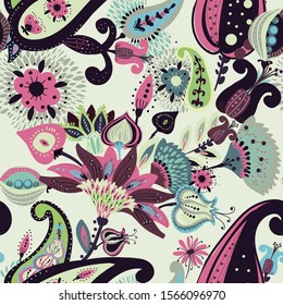 A modern version of the traditional paisley pattern. Seamless floral background for textiles, wallpaper, covers. Hand drawing style.