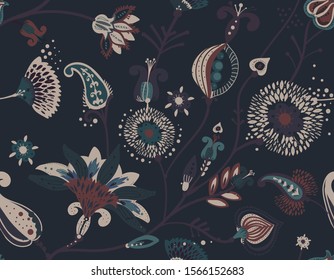 A modern version of the traditional paisley pattern. Seamless floral background for textiles, wallpaper, covers. Hand drawing style.