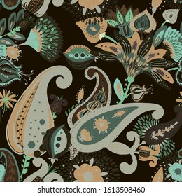 A modern version of the traditional paisley pattern. Seamless floral background for textiles, wallpaper, covers. Hand drawing style.