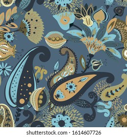 A modern version of the traditional paisley pattern. Seamless floral background for textiles, wallpaper, covers. Hand drawing style.