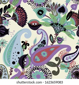 A modern version of the traditional paisley pattern. Seamless floral background for textiles, wallpaper, covers. Hand drawing style.